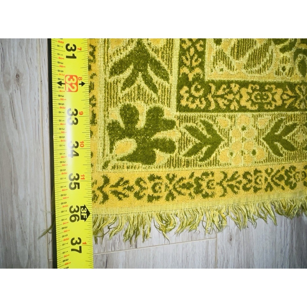 Vintage 1970s Tastemaker Fringe Bath Towel Avocado Green Yellow Floral Fringed - Picture 5 of 5